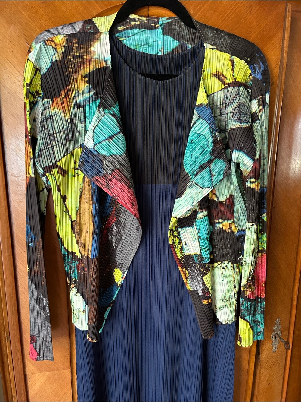 Abstract Pleats Please Open-Front Jacket and Dress Navy & blk.